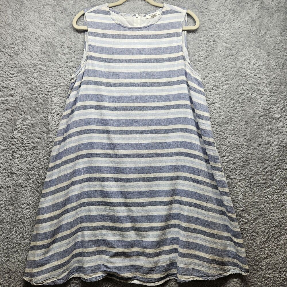 Beach Lunch Lounge Linen Stripe Dress White Blue Womens Size L Coastal Beach